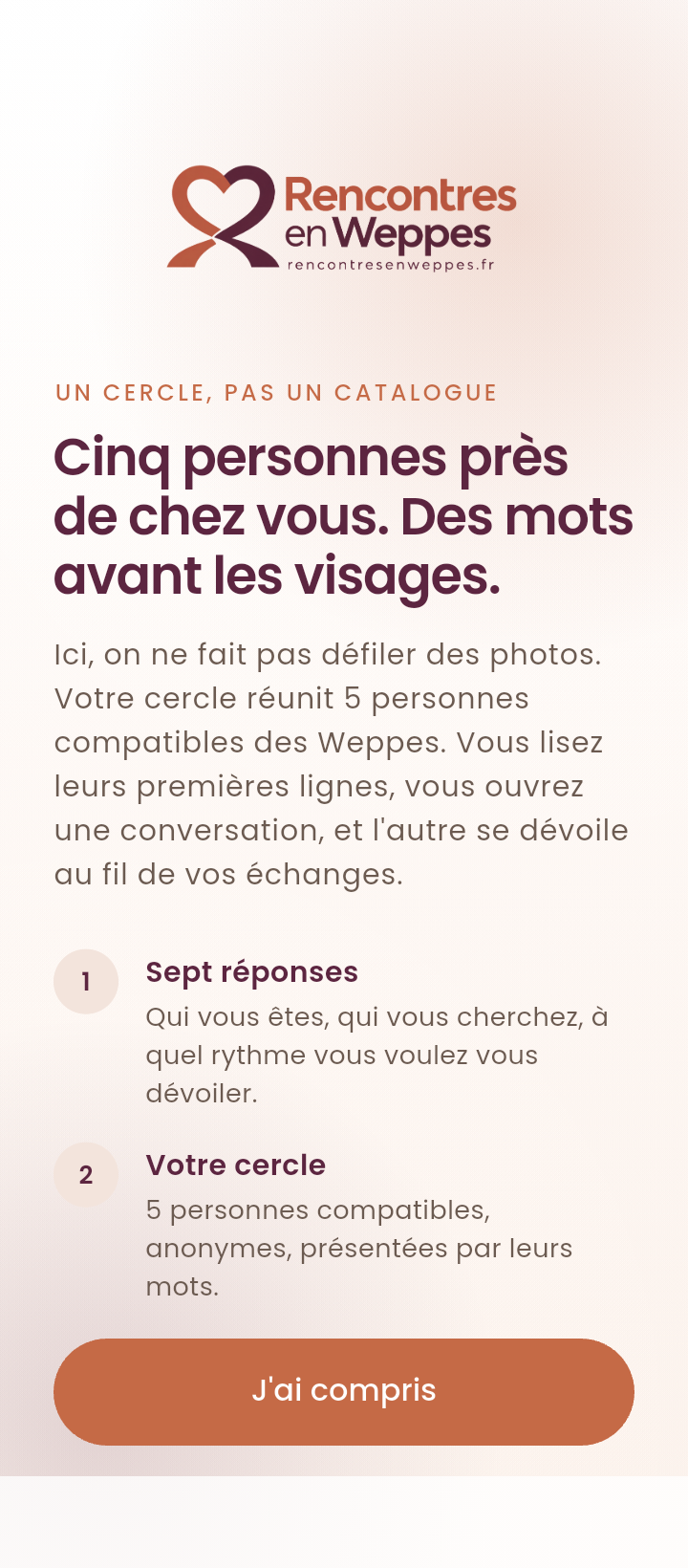 Écran de bienvenue de l'application Rencontres en Weppes