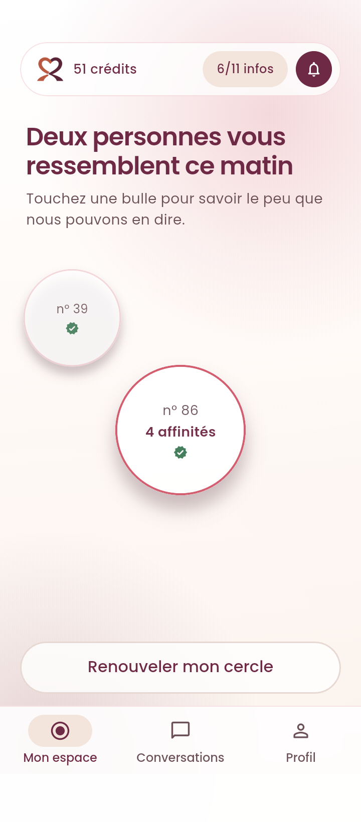 Le cercle de profils compatibles dans l'application