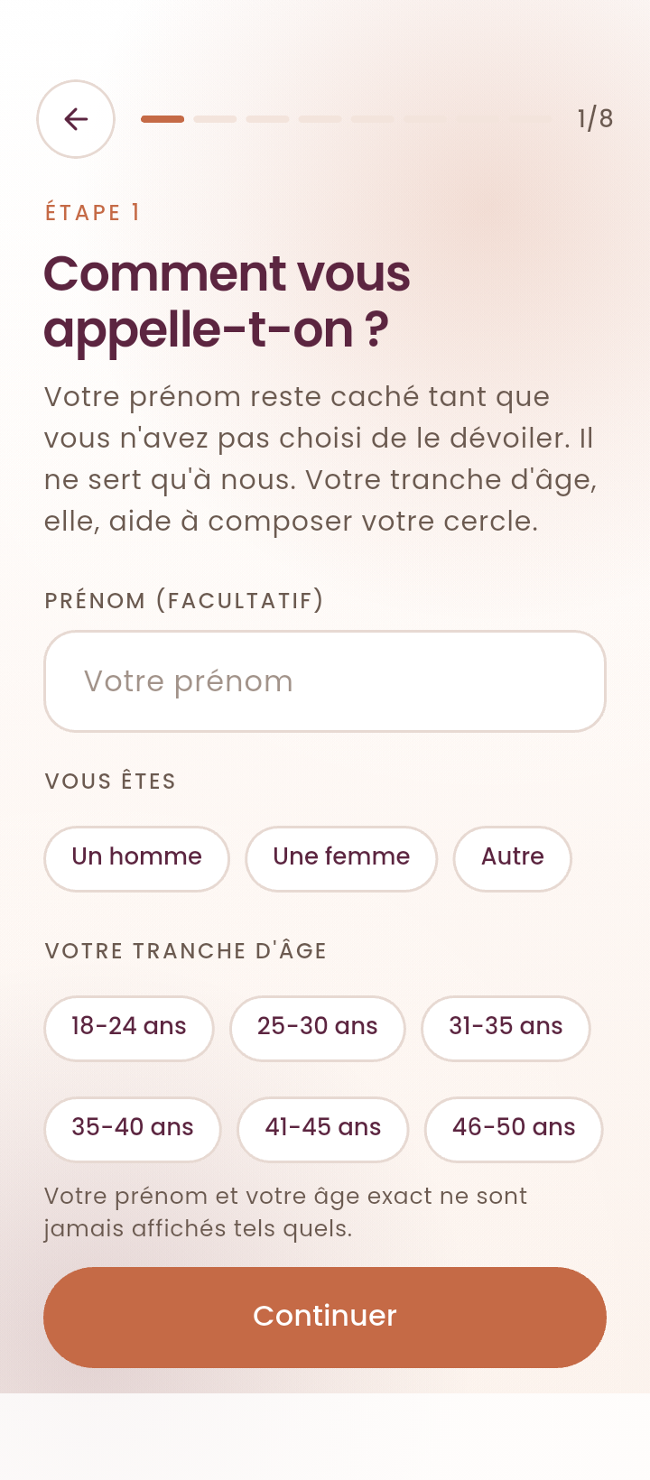 Première étape de l'inscription mobile