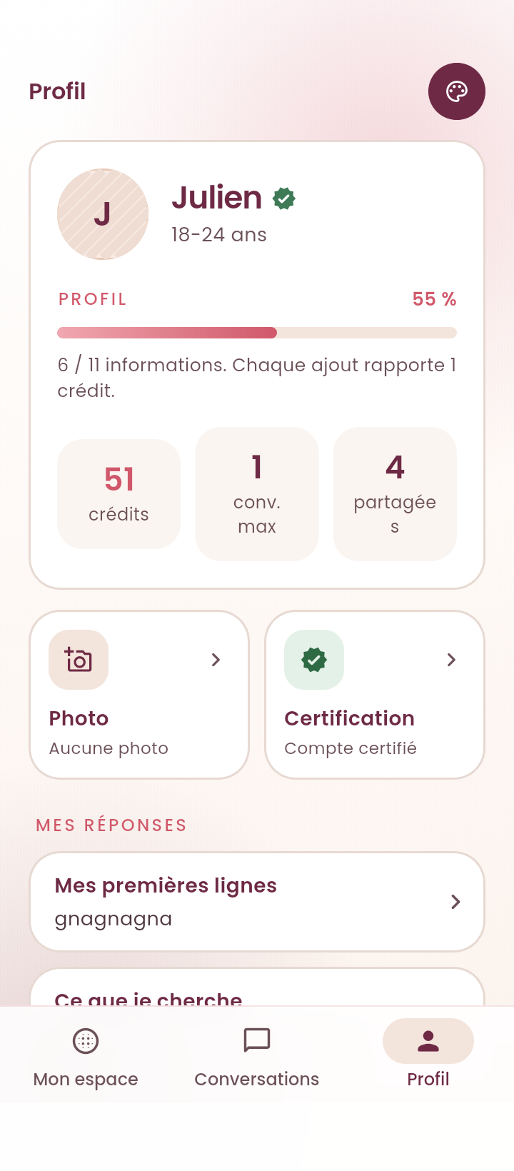 Profil et réglages de partage dans l'application
